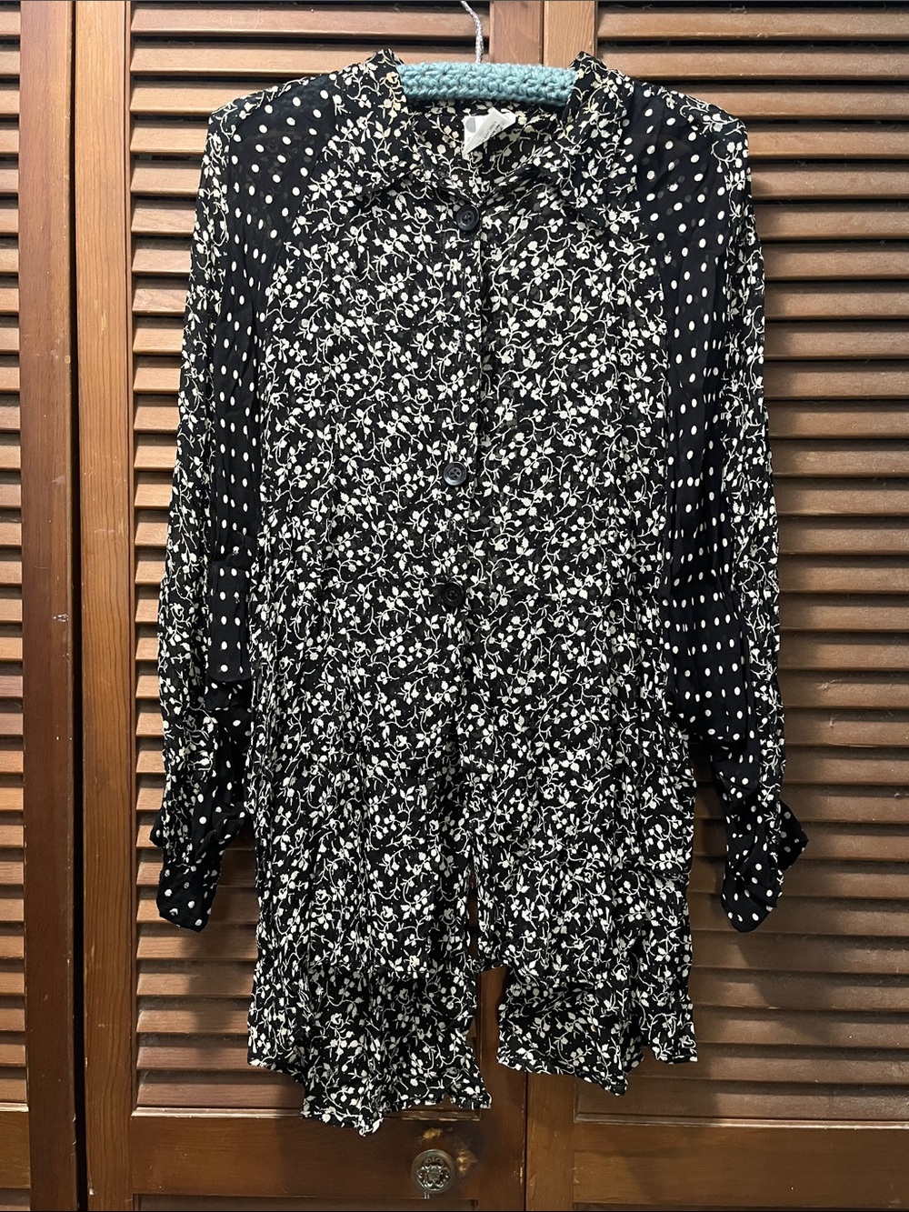 Black & White Floral Mix Print Long Sleeve Sheer Button-up blouse
